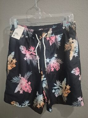 Original Use Black Swim Trunks with Pink and Peach Floral Print